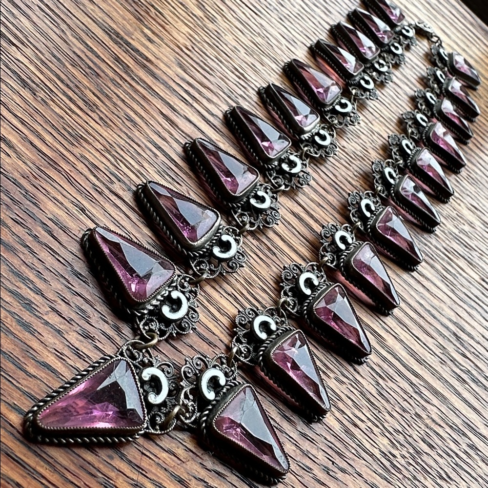 Stunning Victorian Sterling and purple pink glass stone antique necklace. Gothic